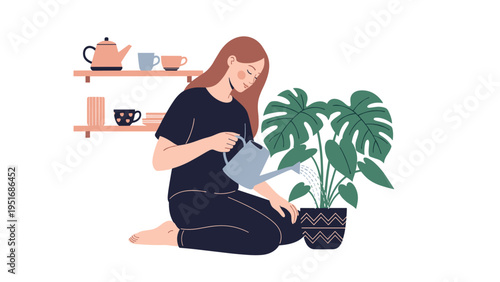 Young woman sitting on the floor in her home and watering a large green monstera plant inside a patterned ceramic pot.