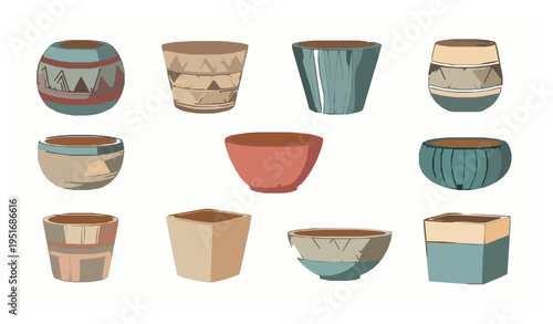 Stylish flower pot vector set with ten unique patterned planters isolated on white background