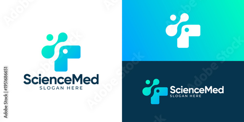 Creative modern science med logo template. Abstract cross plus with molecular symbol logo design vector illustration.