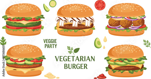 Vegetarian burger vector set featuring veggie burgers with fresh vegetables avocado mushroom and healthy plant based fast food illustration