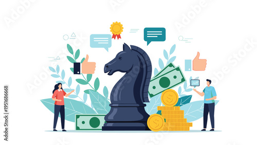 Business strategy and success concept with giant chess knight surrounded by professional people, money, and positive feedback symbols.