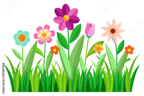 Cheerful array of various colorful flowers blooming in lush green grass, depicted as a delightful flat vector graphic illustration.