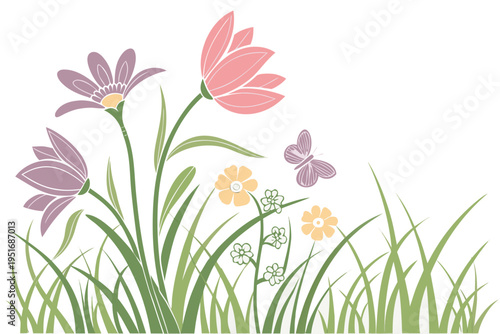 Charming vector graphic illustration featuring a vibrant spring meadow with stylized colorful flowers, lush green grass, and a delicate butterfly fluttering gracefully.