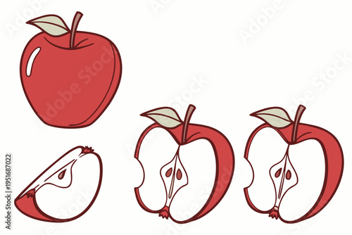 Assortment of vibrant red apples in vector graphic illustration, including a whole fruit, a slice, and two bitten halves.