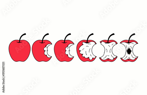 This vector graphic illustration depicts the entire process of an apple being eaten, from its perfectly whole form to becoming a discarded core.