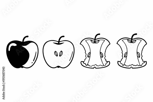 Educational vector illustration tracing the complete process of an apple being consumed, from its whole form to the final core.