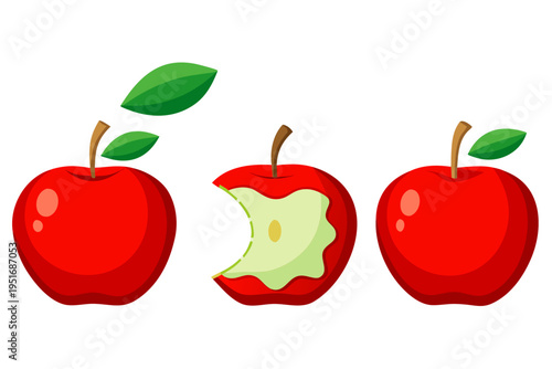 Three vibrant red vector apple illustrations, showcasing a fresh whole fruit, a bitten snack, and a clean natural design graphic.