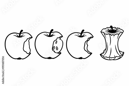 Vector graphic illustration outlining the sequential stages of an apple's consumption, from the initial bite mark to the complete remaining core.