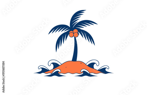 Brightly colored vector graphic of a desert island with a coconut palm tree in the middle of crashing waves.