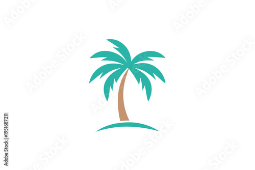 Stylized vector graphic illustration featuring a vibrant tropical palm tree with green fronds, perfect for a sunny vacation design