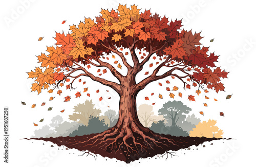 A vibrant autumn maple tree illustration with colorful falling leaves and strong visible roots, symbolizing nature's beauty.
