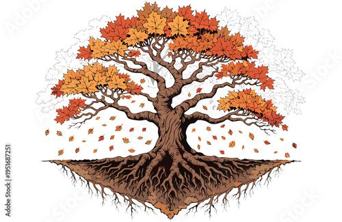 Detailed vector graphic of an autumn tree with colorful falling leaves and exposed roots, embodying nature's seasonal transformation.