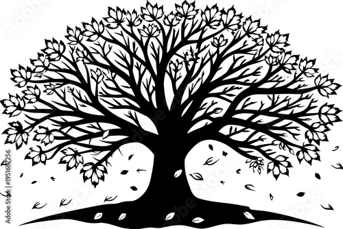 Stylized vector graphic illustration of a robust, mature deciduous tree with a full canopy and falling leaves, suitable for various design projects.