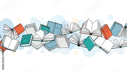 Seamless horizontal border featuring many open and closed flying books with different colored covers and abstract shapes.