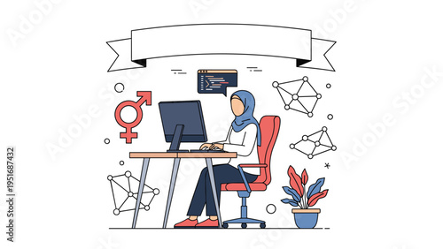 Young muslim woman in hijab working as programmer or developer on computer with gender equality symbols.