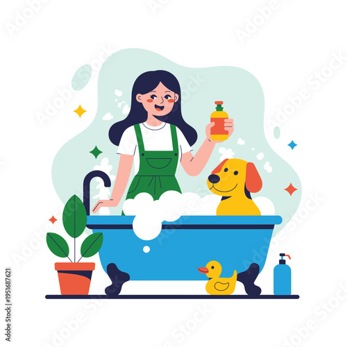 A cartoon woman giving her dog a bath in a blue tub