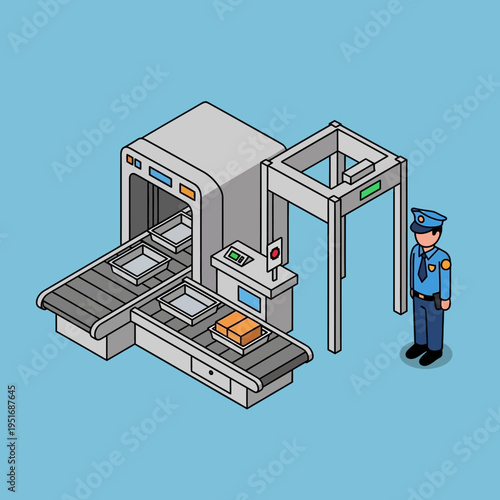 Isometric illustration of an airport security checkpoint with a guard, scanners, and conveyor belts.
