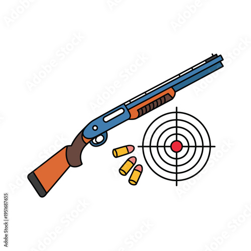 A cartoon illustration of a shotgun and target with bullets