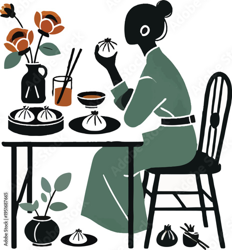 Woman in green dress eating dumplings at a table food