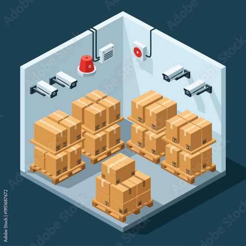 Isometric illustration of a secure storage room with surveillance cameras and boxes.