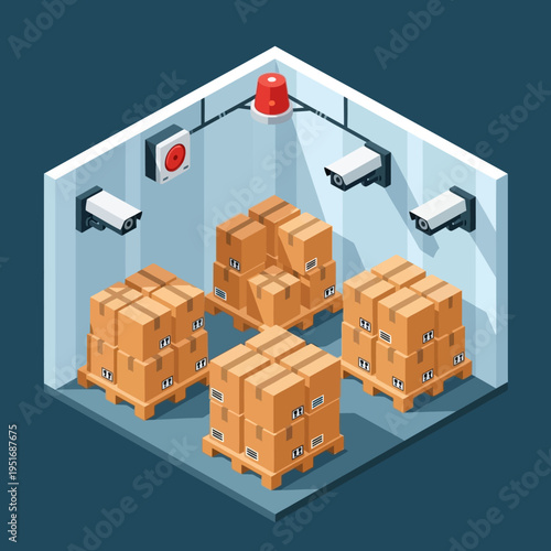 Isometric view of a storage room with security cameras and stacked boxes.