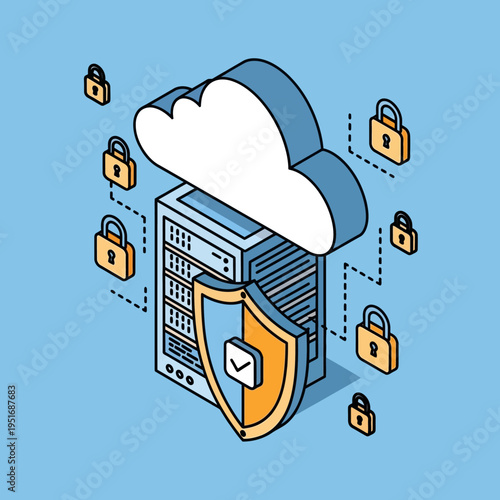 Isometric illustration of a cloud server with security shield and multiple padlocks, representing data protection.