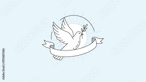 Symbolic white dove of peace flying with green olive branch in its beak and blank ribbon banner for messages.