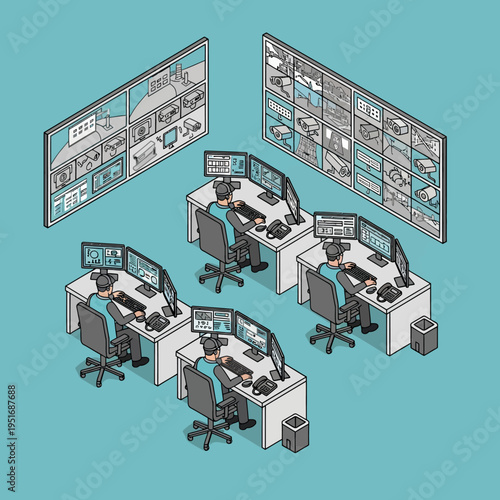 Isometric illustration of a security control room with multiple operators monitoring screens.