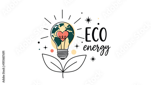 Ecological concept illustration of a lightbulb with the world globe and a heart inside over growing green leaves.