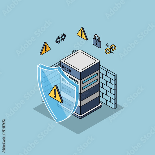 Isometric illustration of a server protected by a shield, representing cybersecurity.