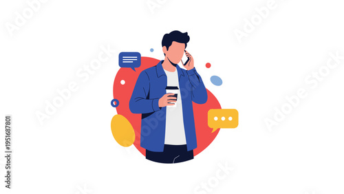 Modern flat vector illustration of a young man talking on his mobile phone while holding a disposable coffee cup outdoors.