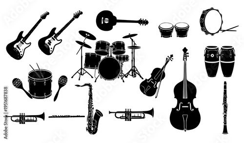 Music Instruments Silhouette Collection Featuring Electric Guitar, Drum Set, Violin, Saxophone, Trumpet, Bongos and Percussion in Minimal Black Vector Style