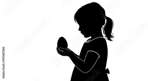 Black silhouette of a girl holding an egg, side profile, simple vector illustration
