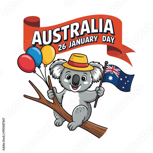 A cartoon koala celebrates Australia Day with balloons and flag