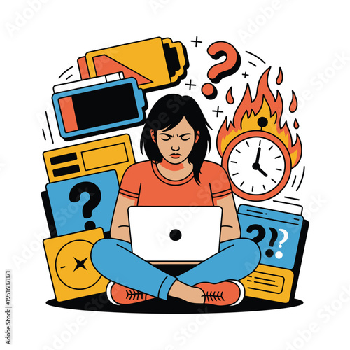 A stressed woman sits with a laptop surrounded by question marks and deadlines