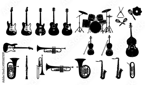 Music Instruments Silhouette Icons Set Featuring Electric Guitar, Drum Kit, Violin, Trumpet, Saxophone and Brass Instruments in Minimal Black Vector Collection