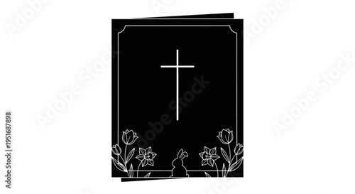 Black book cover, cross symbol, white floral design, religious icon, vector illustration