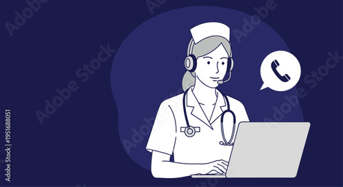 Medical nurse wearing a professional headset works on a laptop with a phone call icon nearby illustrating remote healthcare and teleconsulting.