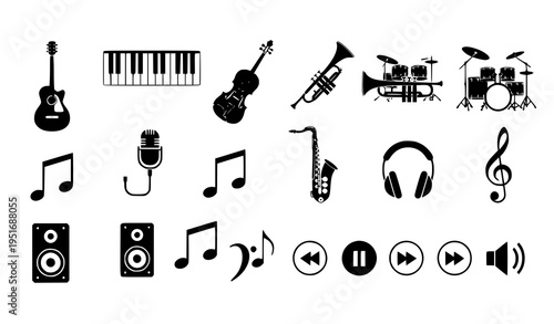 Music and Audio Icons Set Featuring Instruments, Notes, Headphones, Speakers and Media Control Buttons in Clean Minimal Black Vector Illustration Styl
