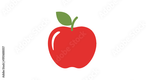 A vibrant illustration of a ripe red apple with a green leaf and a clean white background