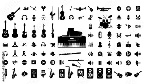 Comprehensive Music Icons Mega Set Featuring Instruments, Audio Equipment, Media Controls, Notes and Studio Elements in Minimal Black Vector Collection