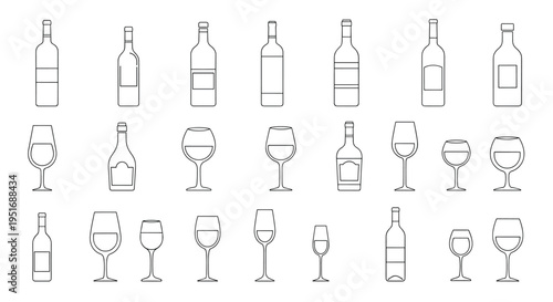 Collection of outline drawings depicts various shapes of wine bottles and different types of wine glasses for bar menus and beverage designs.