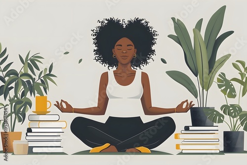 A woman sits cross-legged on the floor, meditating in a bright area. She is surrounded by green plants and stacks of books. A cup is nearby, adding to the calm environment