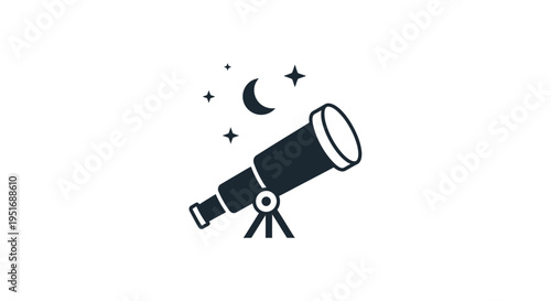 Astronomical Icon Featuring a Telescope, Moon, and Stars on a White Background