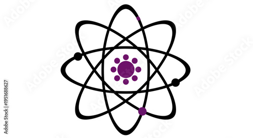 Atomic structure illustration featuring orbits, nucleus, and energy levels against a white