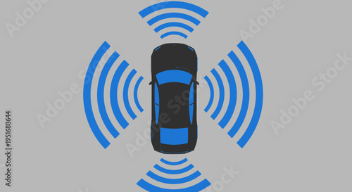 Automated driving illustration: a car surrounded by advanced sensor signals, showing modern