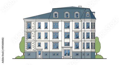Traditional multi story apartment building features classic architecture with many windows and a blue roof set between green trees on sides.