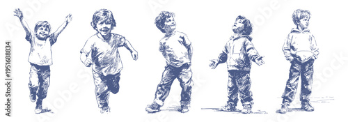 Playful running children dynamic movement classic pencil illustration. Kids run, explore and look around with curiosity. Banner for kindergarten promotion in detailed hand drawn sketch style.