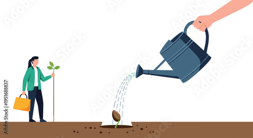 Hand holding a watering can pours water onto a seedling while a woman stands nearby holding another young plant to promote environmental care.
