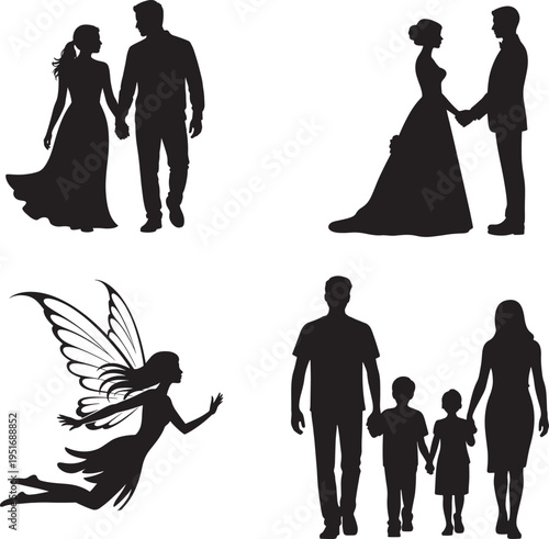 black silhouettes of people and a fairy on white